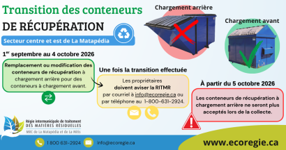 DÉBUT DE LA PÉRIODE DE TRANSITION DES CONTENEURS DE RÉCUPÉRATION À CHARGEMENT ARRIÈRE VERS LE CHARGEMENT AVANT DANS LA MATAPÉDIA