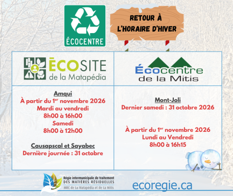 Retour à l'horaire d'hiver dans les écocentres le 1er novembre 2026